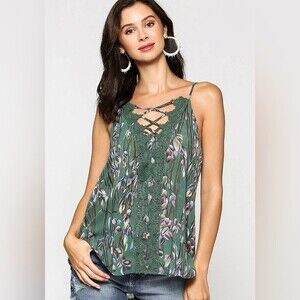 Sage green spring garden floral cami blouse size small